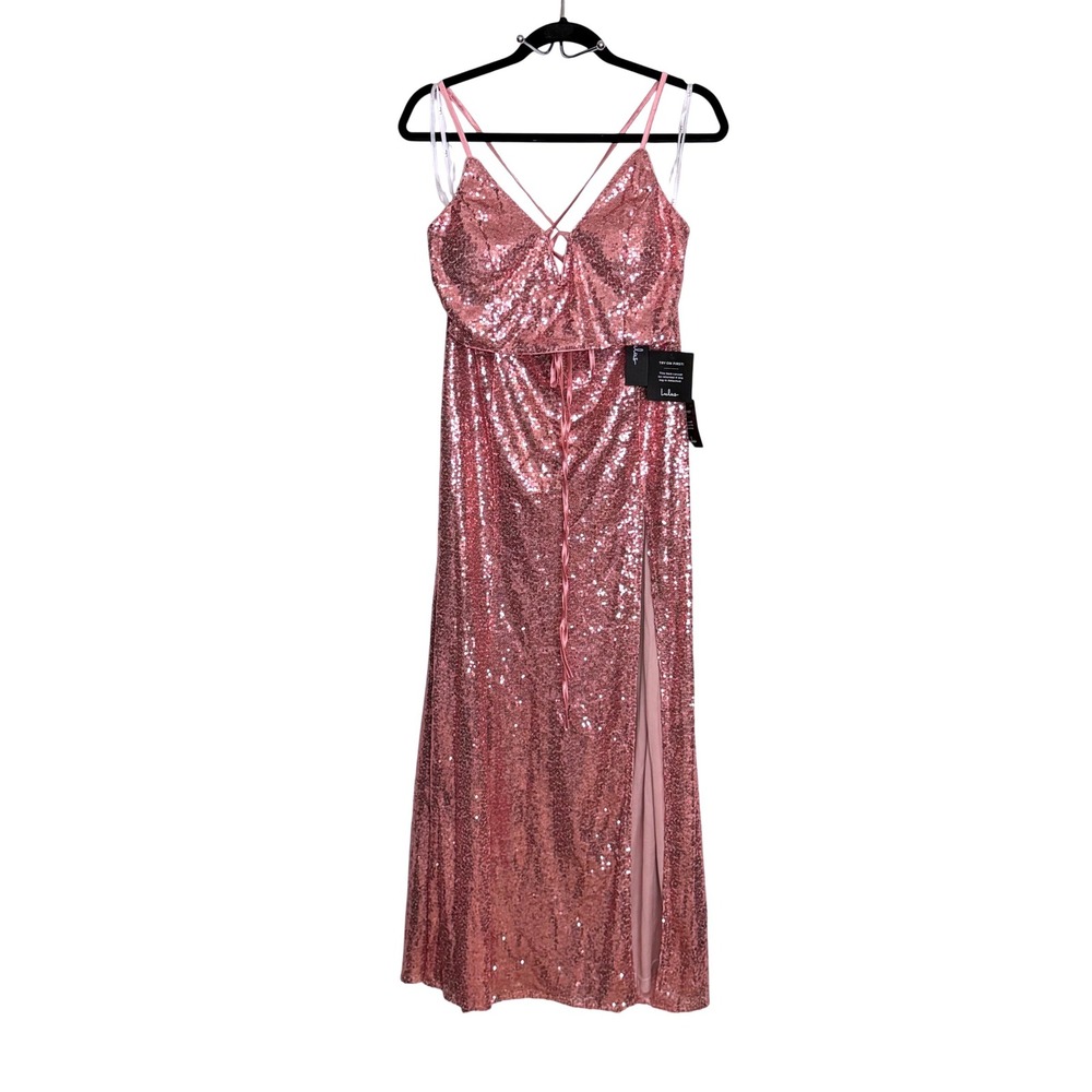 Lulus NWT Pink Sequin Two Piece Maxi Dress Set Lace Up Back Slit Large - Picture 3 of 9